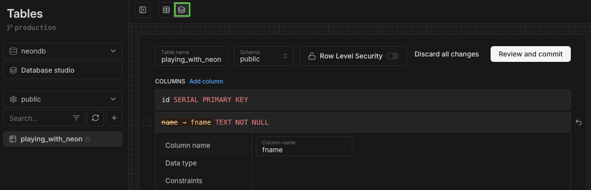 Manage your database schema on the tables page