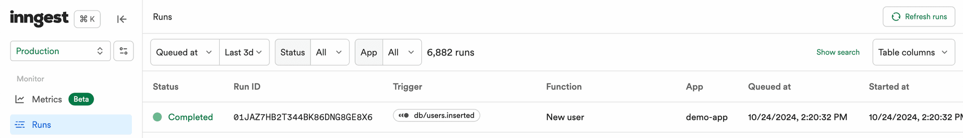 The Inngest Platform lists all the runs